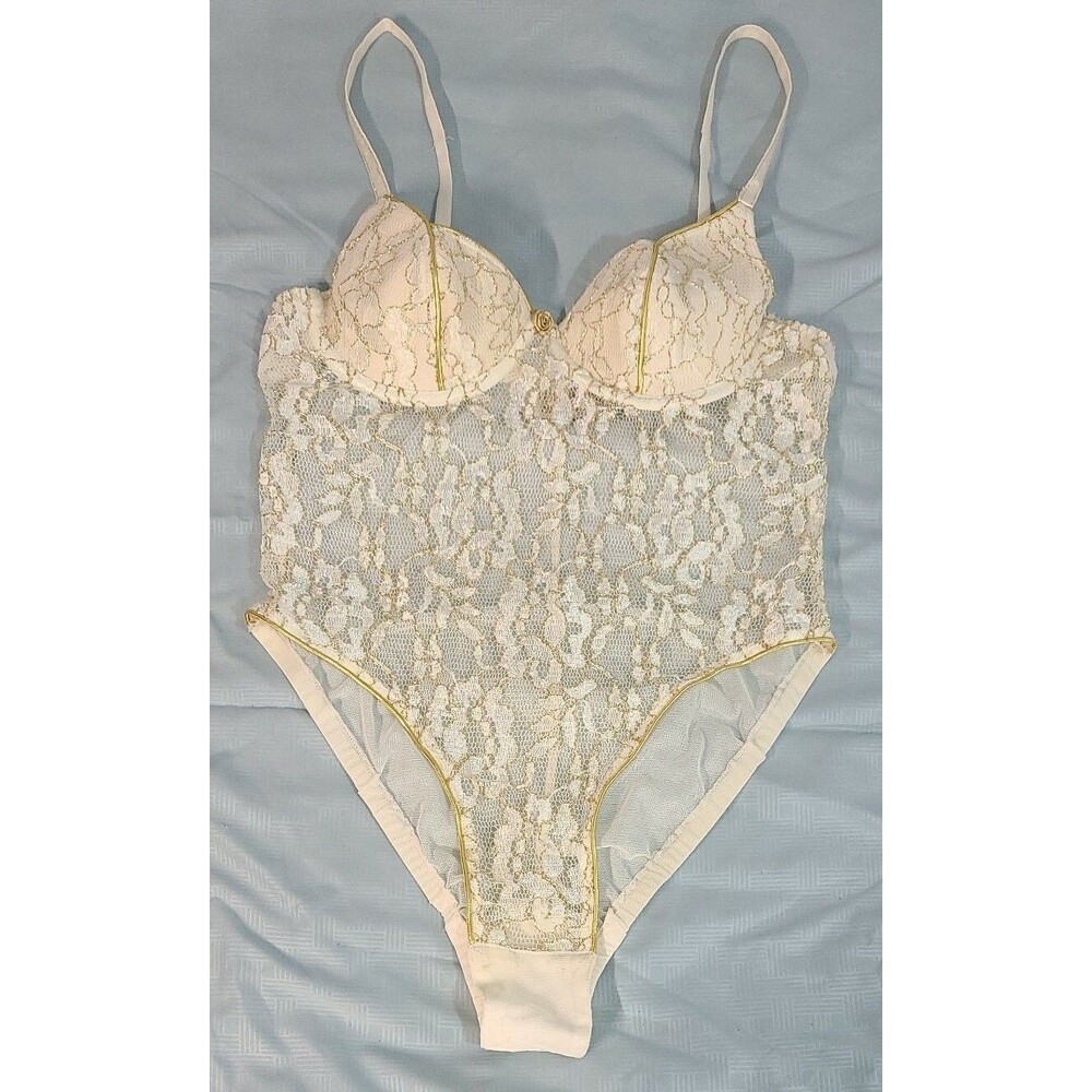Victorias Secret Gold Label Vintage Sexy Lingerie Bodysuit Gold Ivory Medium